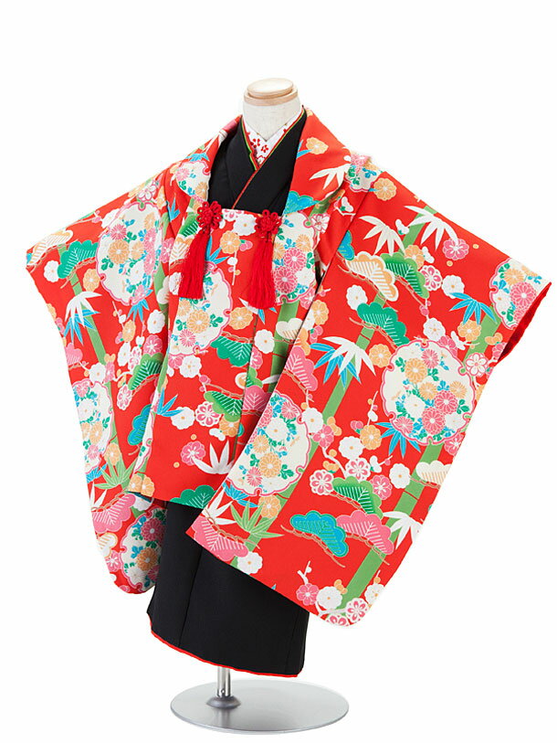 【レンタル】七五三 着物 3歳着物レンタル七五三レンタルフルセット ブランド・おりびと/おしゃまコート 黒色着物×朱赤地松竹梅被布セット/3才 女の子 古典 レ...