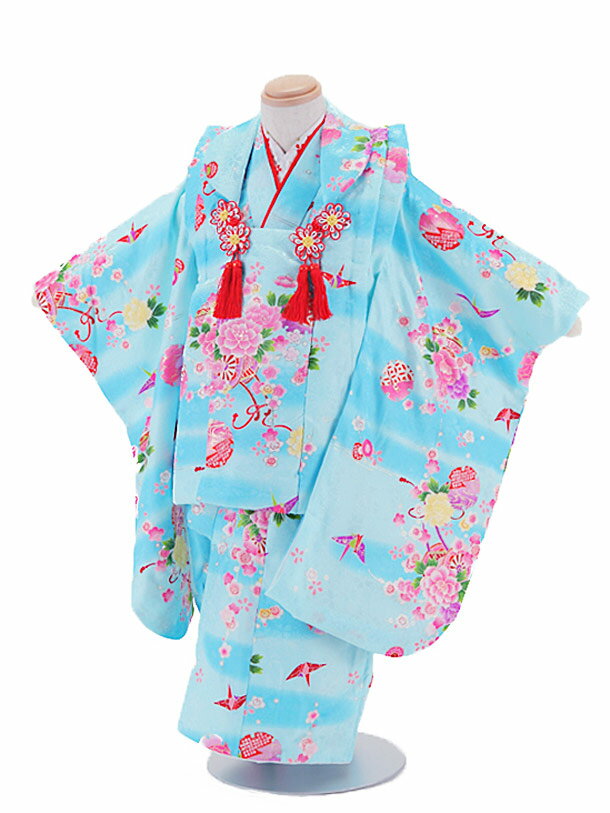 【レンタル】七五三レンタル 女の子 3歳着物フルセット 水色地 花と折り鶴 被布セット 子供着物 貸衣装 3004