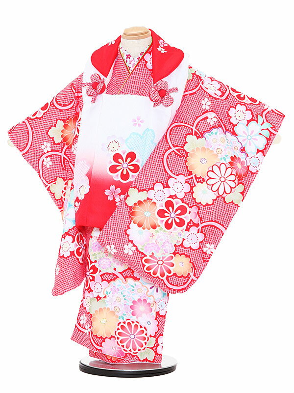 【レンタル】七五三レンタル 女の子 3歳着物フルセット 赤色着物×白色被布 花柄 陽気な天使 被布セット 子供着物 貸衣装 ブランド 3023