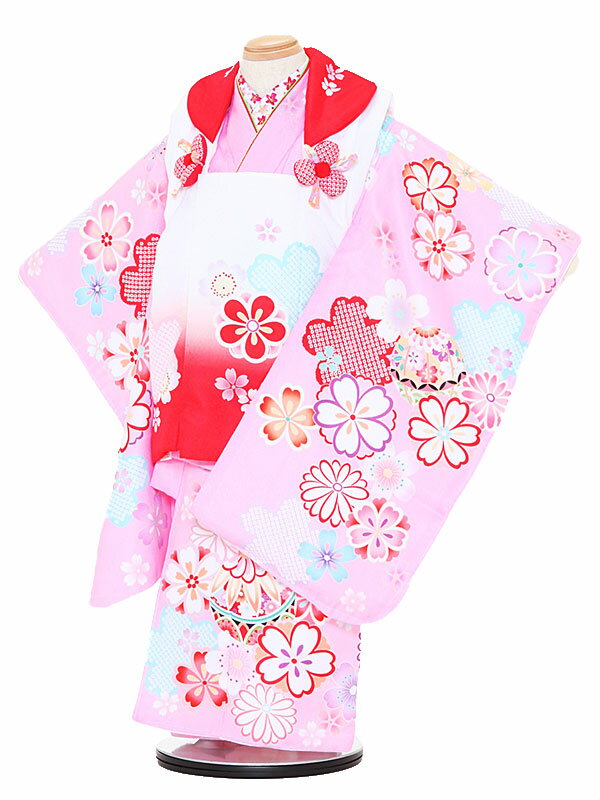 【レンタル】七五三レンタル 女の子 3歳着物フルセット ピンク色着物×白色被布 花柄 陽気な天使 被布セット 子供着物 貸衣装 ブランド 3024