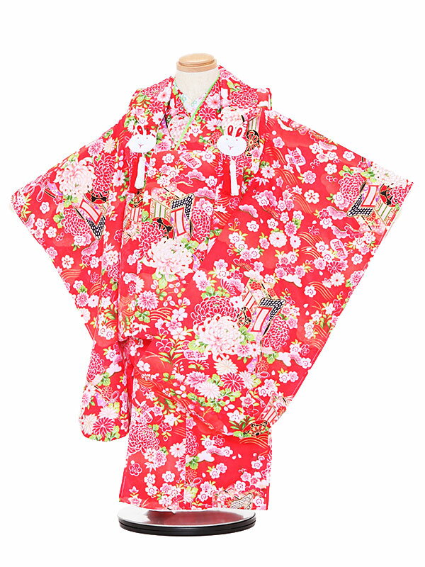 【レンタル】七五三レンタル 女の子 3歳着物フルセット 赤色着物×赤色被布 うさぎと小花柄 被布セット 子供着物 貸衣装 3027