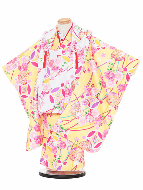【レンタル】七五三レンタル 女の子 3歳着物フルセット 黄色着物×白色被布 花柄 被布セット 子供着物 貸衣装 3031