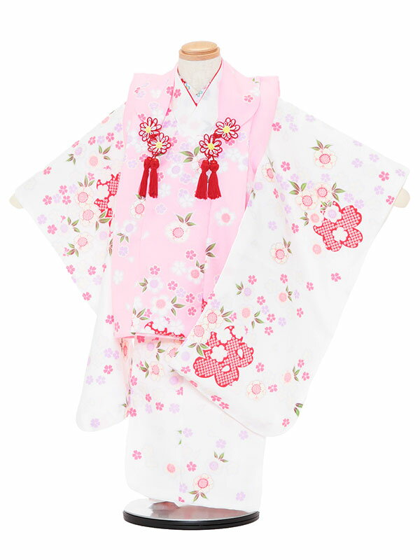 【レンタル】七五三レンタル 女の子 3歳着物フルセット 白色着物×ピンク色被布 小花柄 被布セット 子供着物 貸衣装 3036