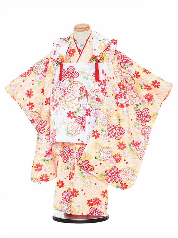 【レンタル】七五三レンタル 女の子 3歳着物フルセット 山吹色着物×白色被布 牡丹柄 被布セット 子供着物 貸衣装 3038