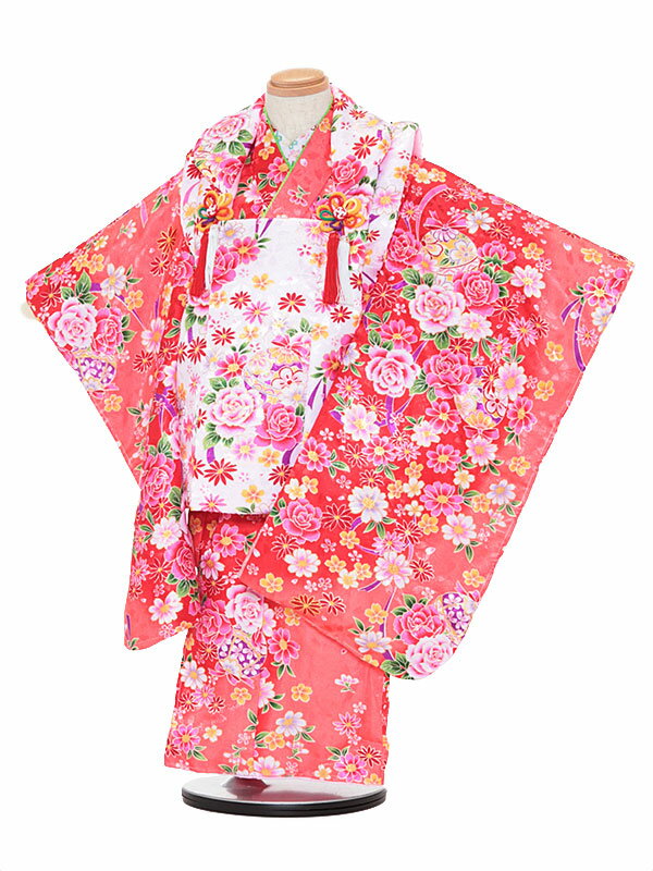 【レンタル】七五三レンタル 女の子 3歳着物フルセット 赤ピンク色着物×ピンク色被布 薔薇 被布セット 子供着物 貸衣装 3043