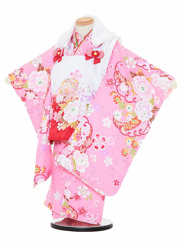 【レンタル】七五三レンタル 女の子 3歳着物フルセットkawaiina ピンク色着物×赤ぼかし被布 被布セット 子供着物 貸衣装 ブランド 3069
