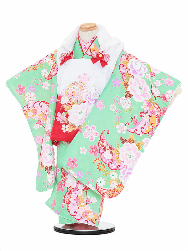 【レンタル】七五三レンタル 女の子 3歳着物フルセットkawaiina 黄緑色着物×赤ぼかし被布 被布セット 子供着物 貸衣装 ブランド 3070