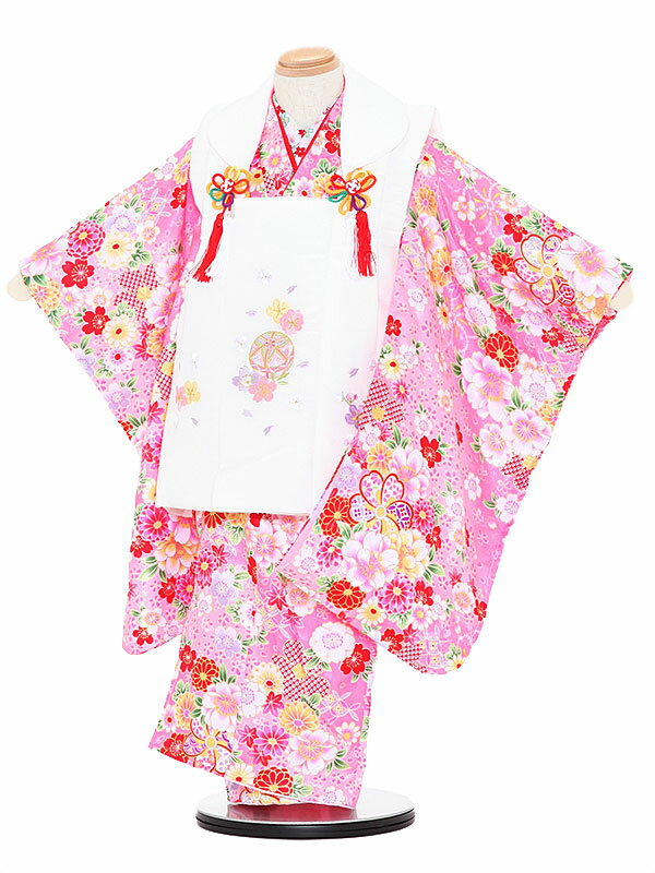 【レンタル】七五三レンタル 女の子 3歳着物フルセットピンク色着物×白色被布 花 被布セット 子供着物 貸衣装 3085