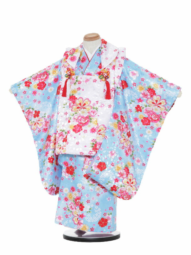 【レンタル】七五三レンタル 女の子 3歳着物フルセット 水色着物×白色被布 花 被布セット 753着物 レンタル753 七五三着物 着物レンタル 子供着物 貸衣...