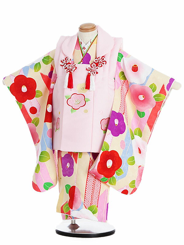 【レンタル】七五三レンタル 女の子 3歳着物フルセット 被布コート 刺繍模様 椿柄 ピンク×黄色 花ひめ 0APT370(3331) 被布セット 子供着物 貸衣...