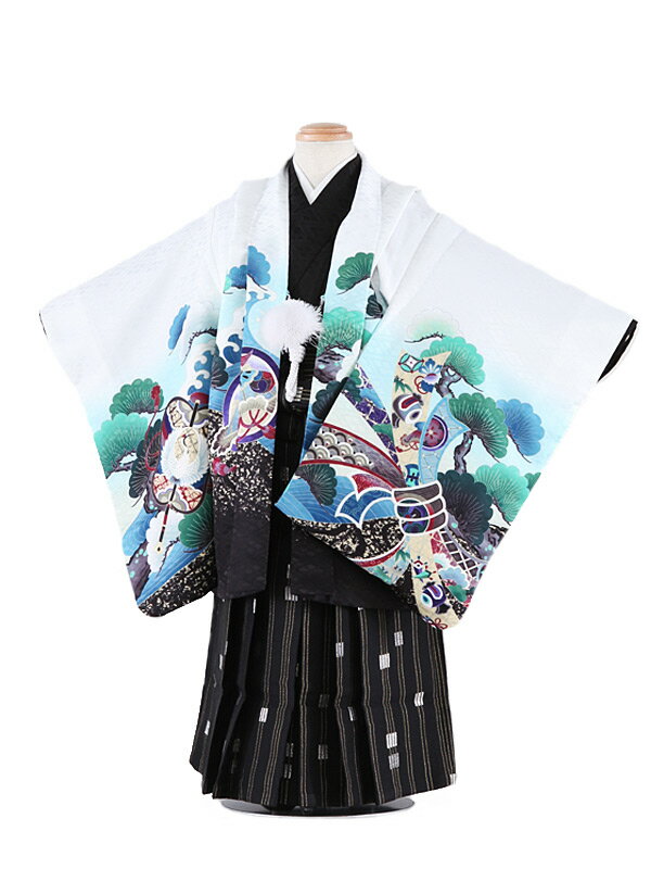 【レンタル】かんたん七五三 [簡単着付け][七五三着物][100-110cm] 5歳七五三レンタル 白地鷹に軍配 5才男児フルセット 羽織袴 5018