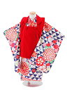 【レンタル】七五三レンタル 女の子 3歳着物フルセット 赤色ベルベット×青系幾何学模様花柄 被布セット 子供着物 貸衣装 0APT384(3801)