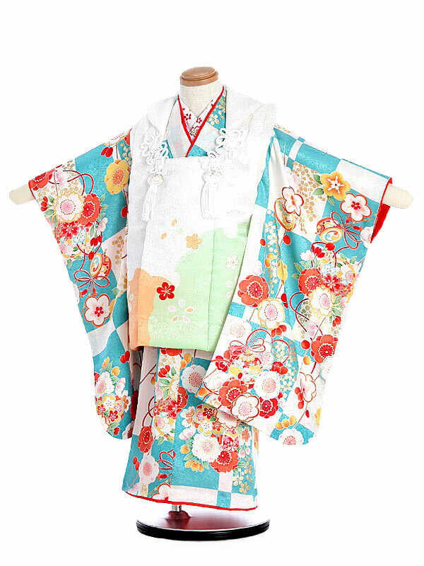 【レンタル】七五三レンタル 正絹 女の子 3歳着物フルセット 白被布×水色着物 花・でんでん太鼓柄 被布セット 子供着物 貸衣装 着物レンタル きもの 753レ...