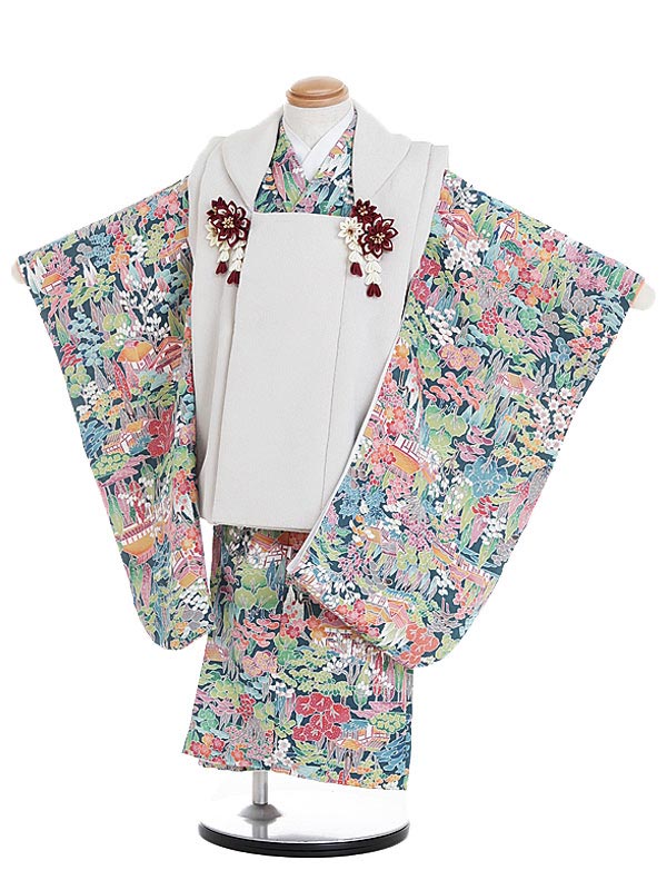 【レンタル】七五三レンタル 女の子 3歳着物フルセット ベージュ×青 本加賀友禅 着物正絹 百花繚乱 A002 被布セット 子供着物 貸衣装 着物レンタル きも...
