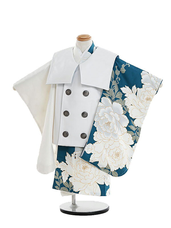 【レンタル】七五三レンタル 女の子 3歳着物フルセット 被布 白×緑 アシンメトリー フェイクレザー被布 エーデルワイス翡翠 A035(KANADE328) 被...