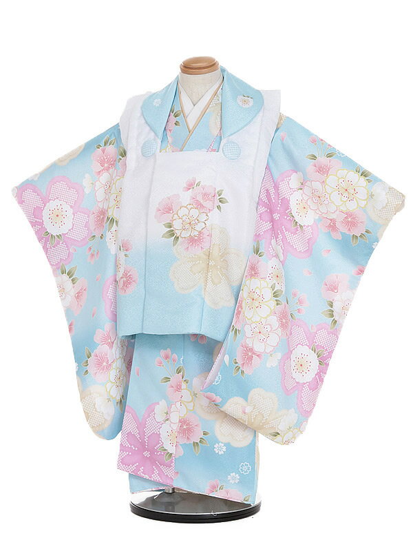 【レンタル】七五三レンタル 女の子 3歳着物フルセット 梅 水色ぼかし(3607) 被布セット 子供着物 貸衣装 着物レンタル きもの 753 きものレンタル 753レンタル 七五三着物 90cm~100cm お正月 記念撮影