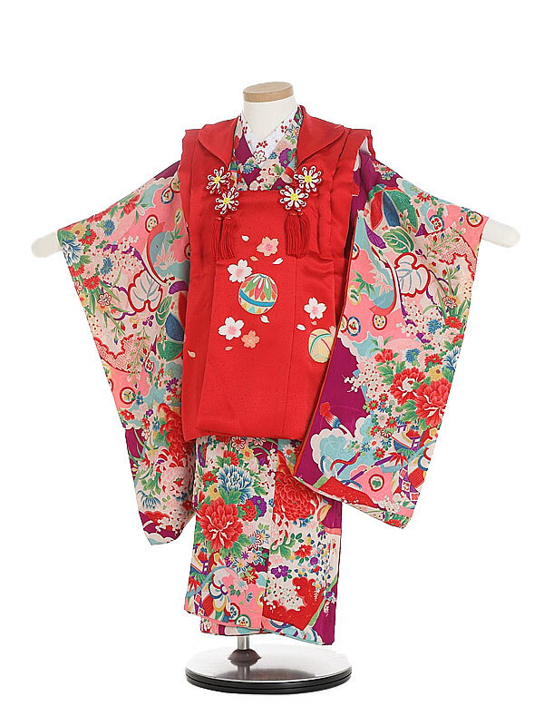 【レンタル】七五三レンタル 女の子 アンティーク 3歳着物フルセット 宝彩・花 肩上げ無し被布 被布 紫×赤 細身 被布 C322 被布セット アンティーク着物...