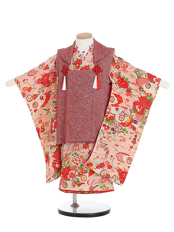 【レンタル】七五三レンタル 女の子 アンティーク 3歳着物フルセット宝彩・花 肩上げ無し 絹 被布 ピンク×赤 細身 C322 被布セット アンティーク着物 子...