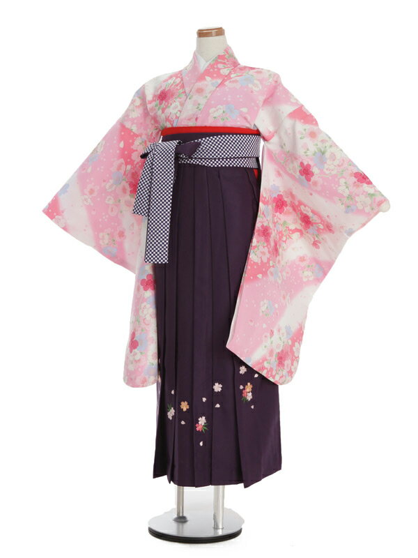 【レンタル】袴レンタル 小学生 卒業式 袴セット 女の子12歳前後 女児袴レンタル ピンク地小花柄着物 × 紫袴 148-153cm 卒業袴 フルセット 6年生 貸衣装 卒業式はかまレンタル 女の子はかま きものレンタル