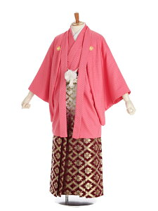 【レンタル】男性袴レンタル 紋付き袴 ピンク 紋○に鷹羽×白 金紫ぼかし/武田菱 175-180cm 成人式 メンズ 袴 卒業袴 男性用袴 大人用 着物レンタル 男性和装 貸衣装 0004ネット予約