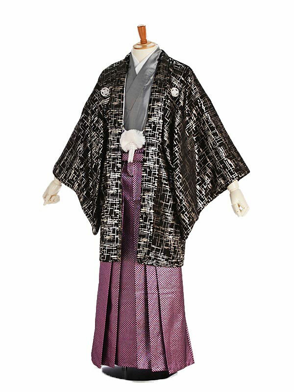 【レンタル】男性袴レンタル 紋付き袴 羽織黒(ラメ入)着物グレー 丸に鷹羽紋 170~175cm 成人式 メンズ 袴 卒業袴 男性用袴 大人用 着物レンタル 男性和装 貸衣装 0012
