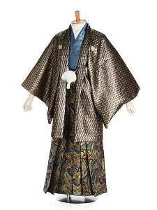 【レンタル】男性袴レンタル 紋付き袴 ラメ入りゴールド 丸に鷹羽紋×波模様 165-170cm 成人式 メンズ 袴 卒業袴 男性用袴 大人用 着物レンタル 男性和装 貸衣装 0019ネット通販