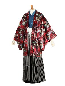 【レンタル】男性袴レンタル 紋付き袴 赤地模様×白黒ぼかし 180-185cm 成人式 メンズ 袴 卒業袴 男性用袴 大人用 着物レンタル 男性和装 貸衣装 0021通販