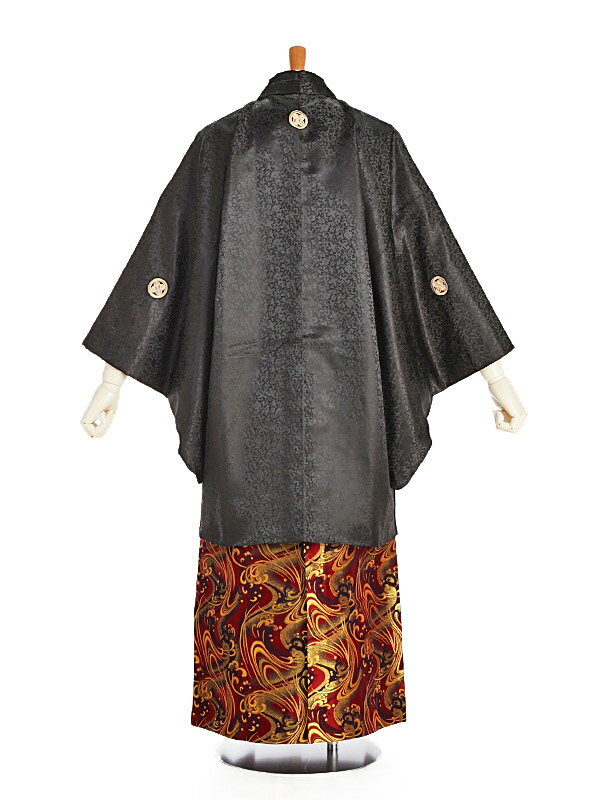 【レンタル】男性袴レンタル 紋付き袴 黒(小槌＋巻物地模様)×金波模様 180～185cm 成人式 メンズ 袴 卒業袴 男性用袴 大人用 着物レンタル 男性和装 貸衣装 0023