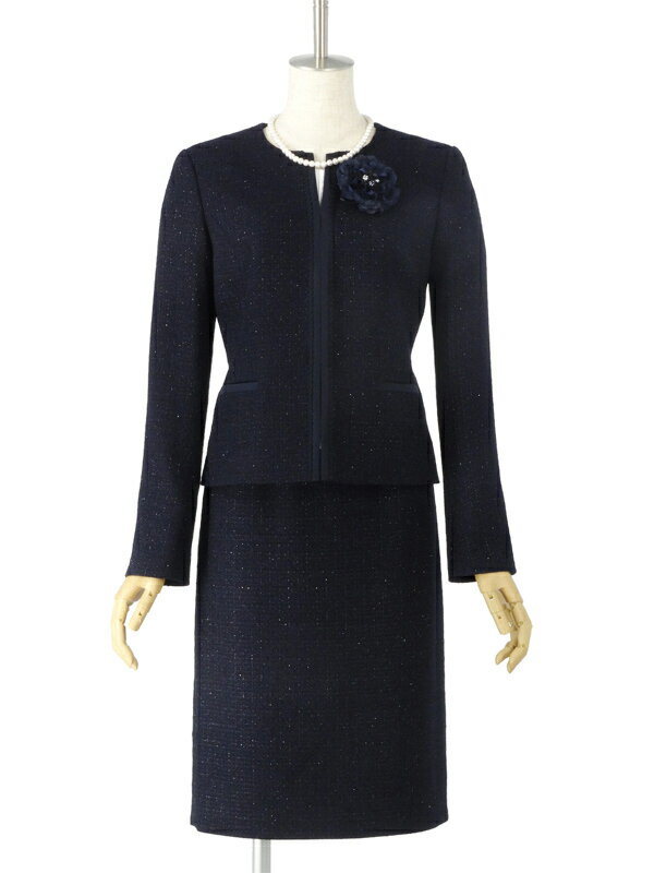 【レンタル】[NEW]セレモニースーツ4点セット 7号/9号/11号/13号 Reflect ネイビー ノーブルツイードジャケットとツイードスカートのアンサンブル フリルシフォンブラウス レディーススーツ ママフォーマル ママスーツ セレモニーフォーマルウェア 母親 貸衣装