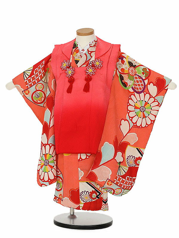 【レンタル】七五三レンタル 女の子 アンティーク 3歳着物フルセット 扇 モダンねじり梅 菊 赤ぼかし×薄紅・花 被布 C325 被布セット アンティーク着物 ...