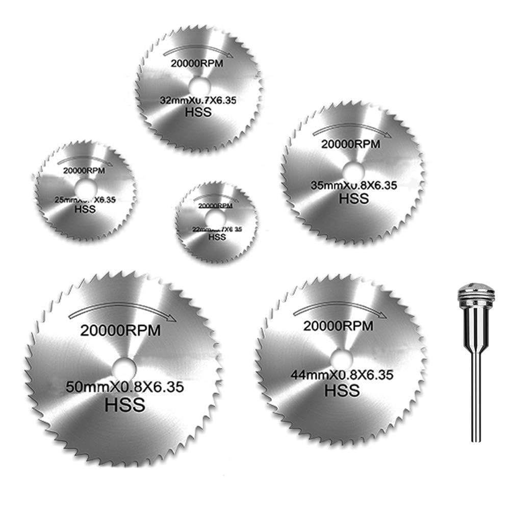・材質:高速度鋼 ・シャフト軸径:3.175mm ・刃外径:22mm、25mm、32mm、35mm、44mm、50mm ・穴径:6.35mm ・厚さ:0.8mm ・セット内容:のこ刃6枚、シャフト1本 ・適用範囲:木材、プラスチック、ガラス繊維、薄板金属の切断