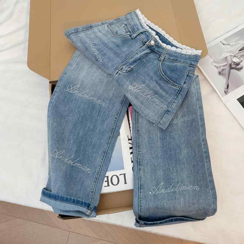 デニムパンツ レディース ハイウエスト ストレート ワイド レース切り替え ライン...