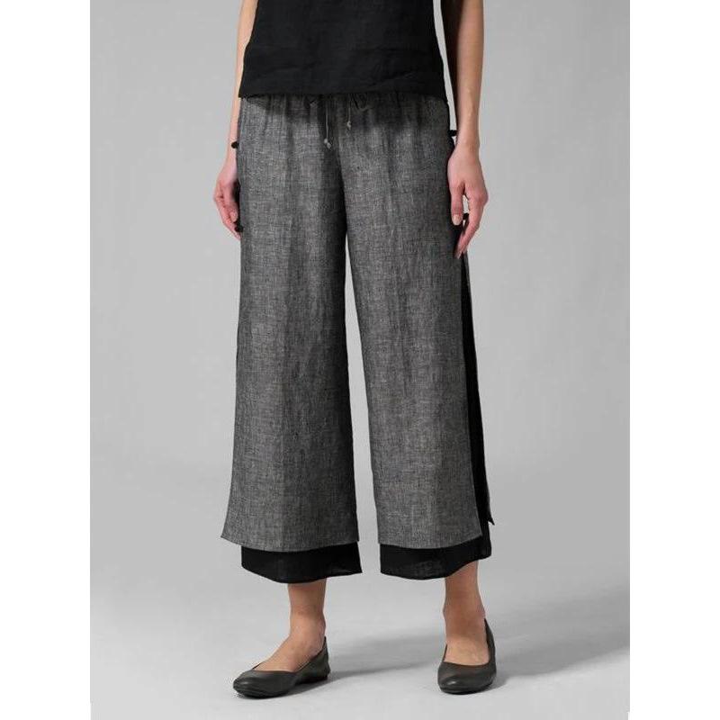 Pants - ワイドパンツ レディース チャイナボタン アンクル丈 裾スリット バイカラー 配色 フレアシルエット カジュアル 無地 シンプル ベーシック 定番 リラックス スタンダード 9分丈 快適 おしゃれ