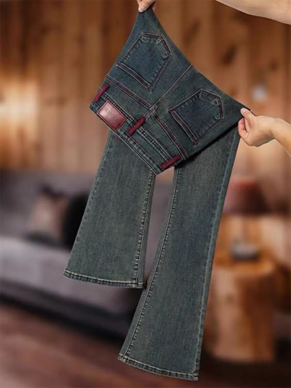 デニムパンツ レディース フレア ハイウエスト ストレッチ ジーパン ジーンズ ブーツカット 伸縮性 ヴィンテージ風 カジュアル ボトムス ロング丈 ズボン 定番 シンプル ベーシック スタンダード 無地 リラックス(4.0)