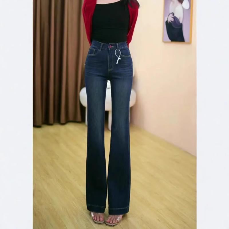 Pants - ジーンズ レディース ハイウエスト ストレッチ フレアパンツ ロング丈 伸縮性 ベルボトム シンプル 定番 カジュアル 無地 デニム フルレングス フレアシルエット スタンダード ベーシック リラックス 単品