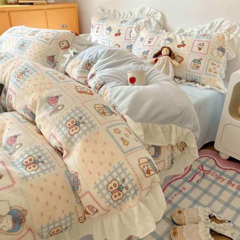 布団カバーセット ミルクベルベット フリル あったか 寝具セット 4点セット 枕カバー 掛け布団カバー ..