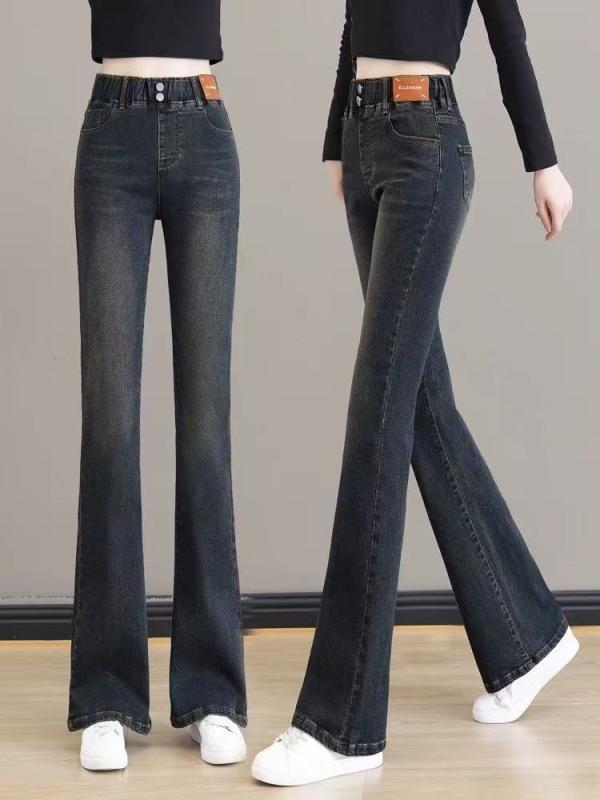 Pants - デニムパンツ レディース フレアパンツ ハイウエスト ウエストゴム 大きいサイズ ブーツカット ストレッチ ロング丈 無地 シンプル カジュアル ベーシック 定番 スタンダード リラックス 快適 ジーンズ ジーパン