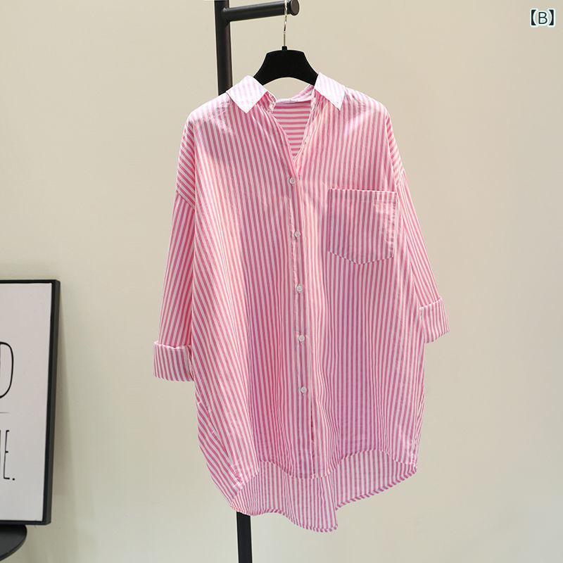 mandarinoのロングシャツ レディース ブラウスチュニック ストライプ縦縞長袖襟付き 前後差ミドル丈ゆったり 体型カバー羽織りカジュアルナチュラル スタンダードシンプルベーシック定番普段着お出かけ通勤通学トップス｜アングル2