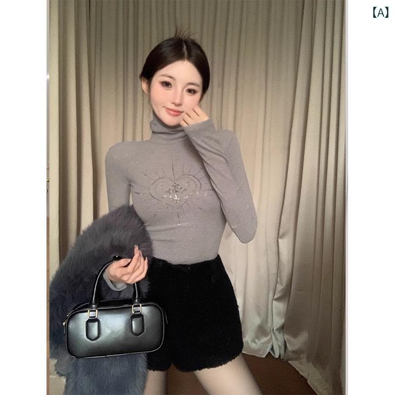 長袖Tシャツ レディース ハイネック タートルネック ラインストーン ビジュー カットソーインナー無地シンプルベーシック定番スタンダードナチュラルカジュアルスリムフィットタイトストレッチ伸縮性重ね着きれいめ上品華やか大人普段使いお出かけ部屋着通学
