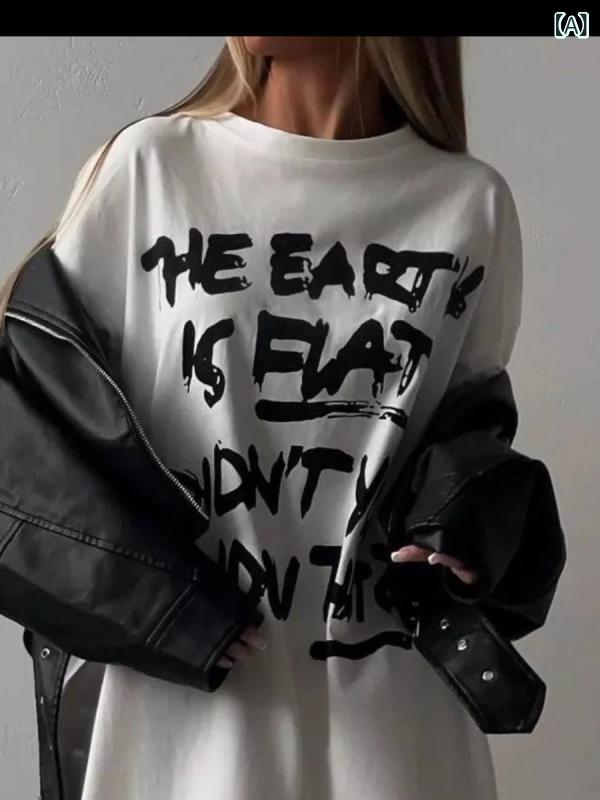 Tシャツ レディース 半袖クルーネック ビッグシルエットオーバーサイズ 英字プリントロゴ カットソー カジュアルシンプル定番ベーシックスタンダードナチュラルストリートゆったり部屋着普段着お出かけ