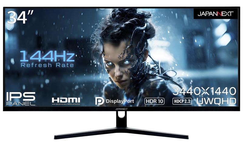 JAPANNEXT 34インチ ゲーミングモニター 144Hz 8ms UWQHD 3440x1440解像度 IPS パネル ディスプレイ (HDMI/DisplayPort/VESA対応/ブルーライトカット / 視野角178°) JN-IPS34144