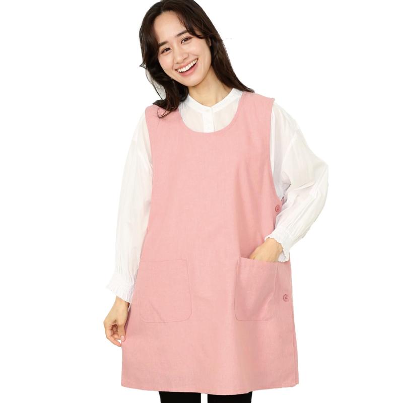 [ON NISHIKI] エプロン レディース 保育士 介護士 サイドボタン (ML/LL) 綿ポリ 軽い 速乾 シワになりにくい 動きやすい おしゃれ 可愛い 横開き ポケット付き