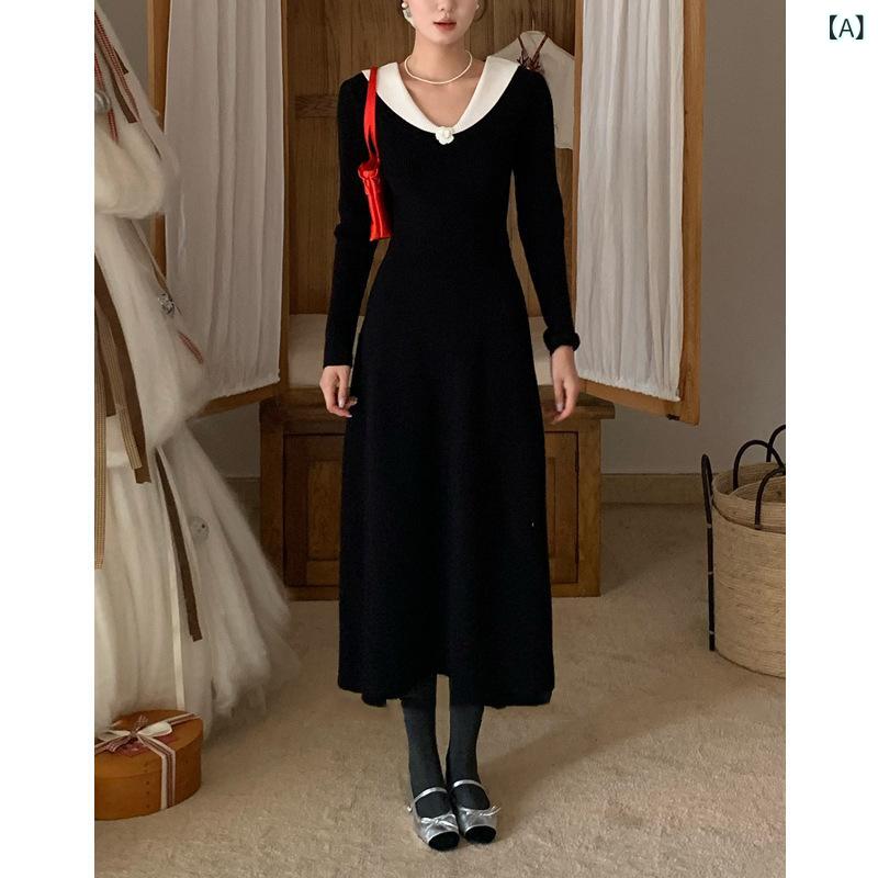 ワンピース レディース ニット 長袖 ブイネック フレンチ モードシンプルベーシック定番スタンダードナチュラル上品きれいめ無地普段使いお出かけ膝丈ミモレ丈フレアライン大人カジュアルフェミニンクラシック