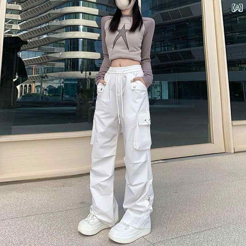 Pants - カーゴパンツ レディース ワイドパンツ ワークパンツ ストレートパンツ ハイウエスト 通気性 ゆったり ボトムス ロング丈 体型カバー 動きやすい 通勤 通学 スポーツ カジュアル 春夏