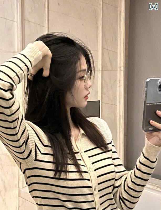 カーディガン レディース ポロ襟 ボーダー 長袖 ニット トップス 前開き カジュアル きれいめ ベーシック シンプル スタンダード お出かけ 通勤 通学 普段使い