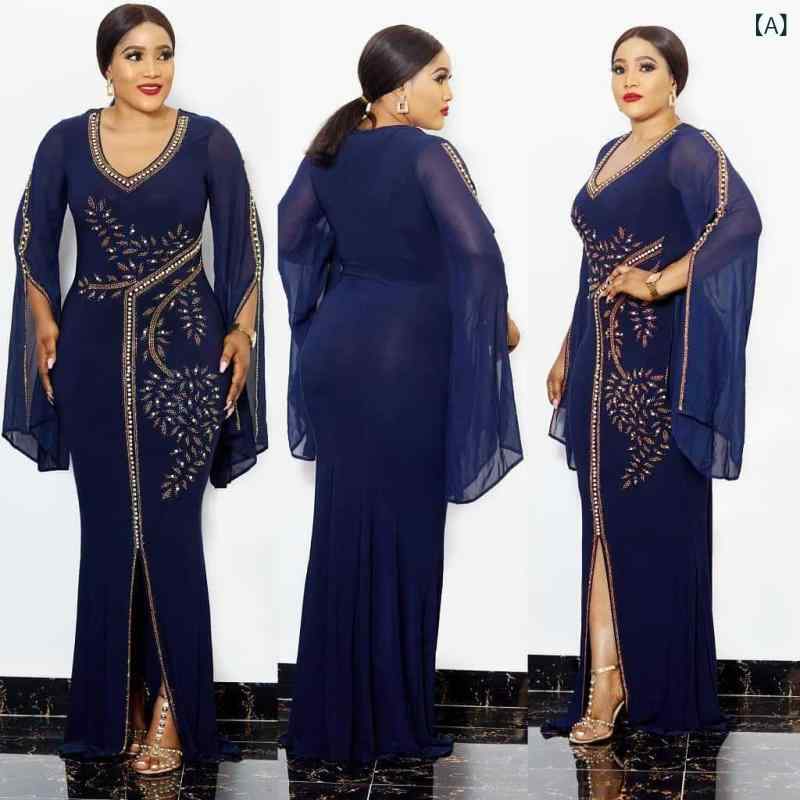 ワンピース マーメイド タイト ロング丈 大きいサイズ ラインストーン フレアスリーブ ストレッチ ハイウエスト マキシ丈 揺れる パーティー 結婚式 上品 エレガント