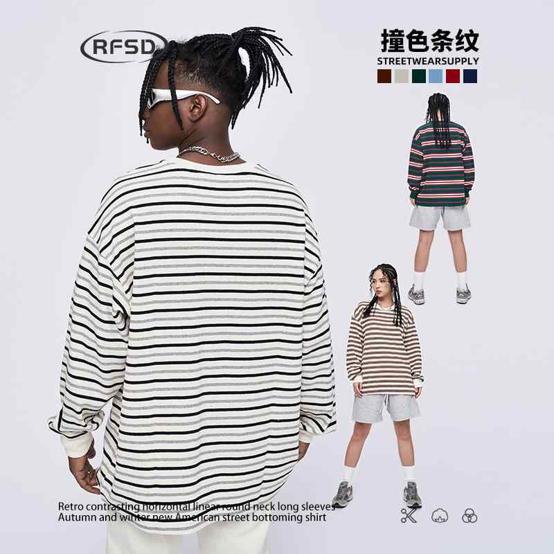 Other - 長袖Tシャツ ユニセックス ボーダー ストライプ ロングスリーブ クルーネック ゆったり ビッグシルエット カジュアル シンプル ベーシック 定番 スタンダード ロンT カットソー 丸首 リラックス