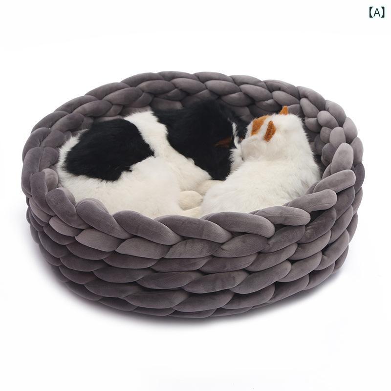 ペットベッド ペット用 猫用 犬用 手編み チャンキーニット風 ラウンド型 クッショ...