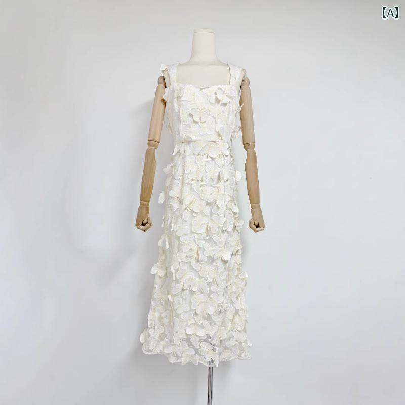 ロングワンピース 刺繍 蝶柄 ノースリーブ ハイウエスト 立体刺繍 スタイルアップ 高見え パーティードレス キャミソールワンピース 結婚式 マキシ丈 Aライン 裏地あり 背面ファスナー シフォン素材 透け防止 フレアシルエット ウエスト切り替え クルー