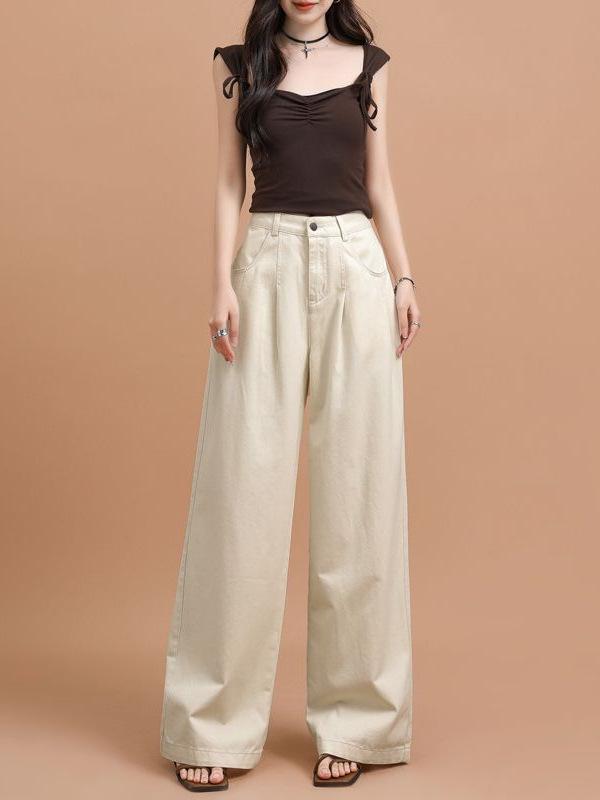 Suits For Job Interviews - ワイドパンツ デニムパンツ レディース ハイウエスト タック ストレートシルエット 美シルエット 脚長効果 体型カバー カジュアルパンツ コットン素材 通気性 動きやすい ウォッシュ加工 デイリー 無地 定番アイテム 着回し ユーズド感 前ボタン バック
